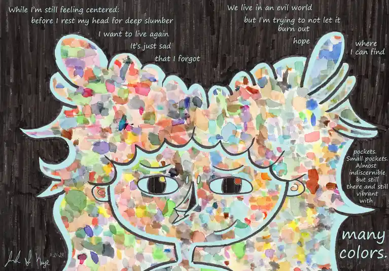 A watercolor-style illustration of a stylized human face with a colorful, abstract pattern of splotches covering it…