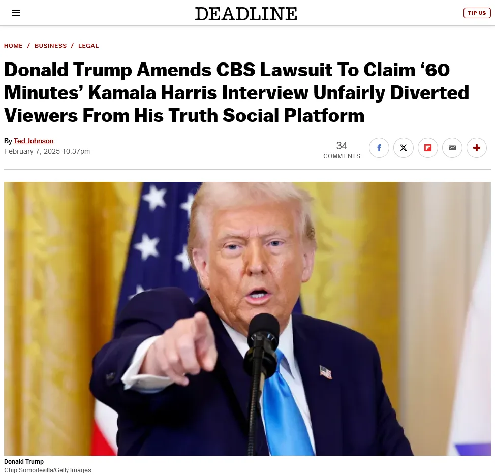 A screenshot of a Deadline news article headline about Donald Trump amending a lawsuit against CBS, claiming the '60…