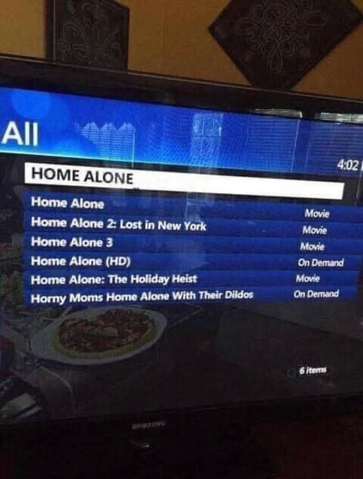 A TV screen displays a movie listing under 'HOME ALONE', showing titles like 'Home Alone', 'Home Alone 2', and 'Home Alone…