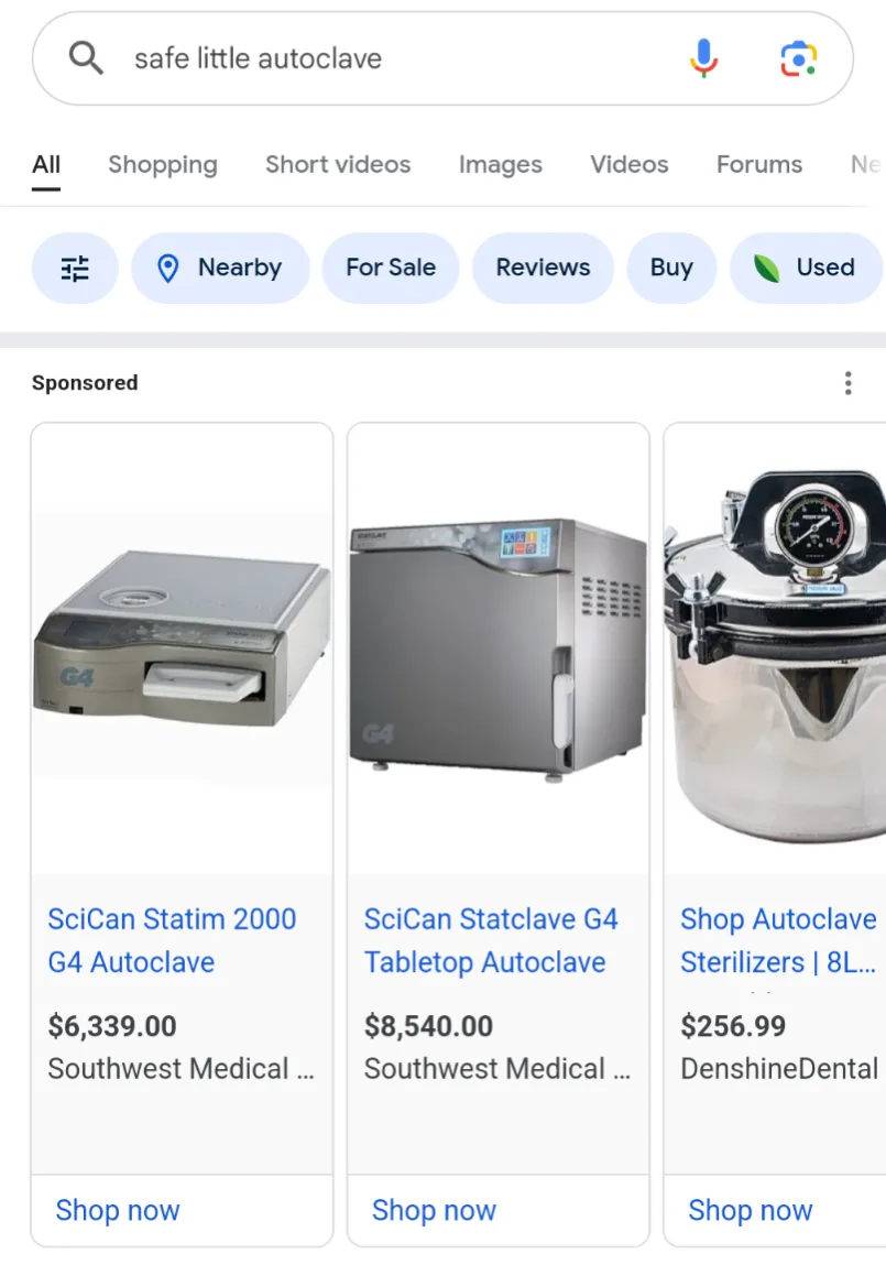 A screenshot of a Google Shopping search for 'safe little autoclave' shows three autoclave products: a SciCan Statim 2000 G4…