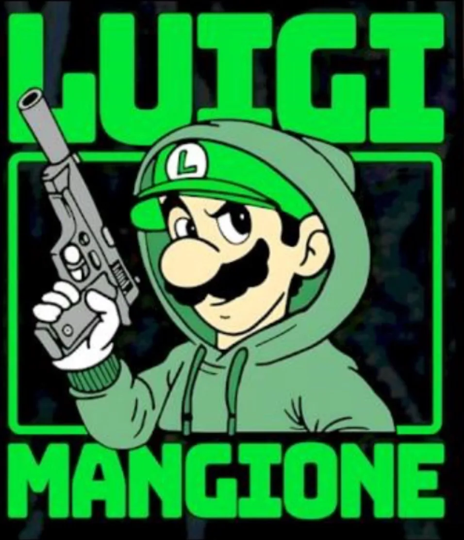 A cartoon Luigi wearing a green hoodie and holding a handgun, framed by large green text that reads 'LUIGI' at the top and…