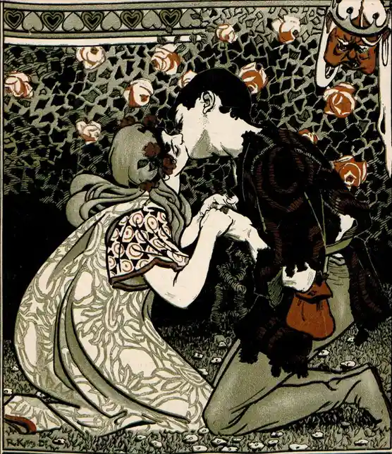 An antique-style illustration depicts a man and woman in ornate, patterned clothing kissing passionately on the ground…
