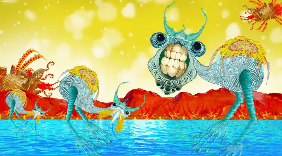 A surreal, colorful illustration depicts several fantastical, alien-like creatures with intricate patterns and exaggerated…
