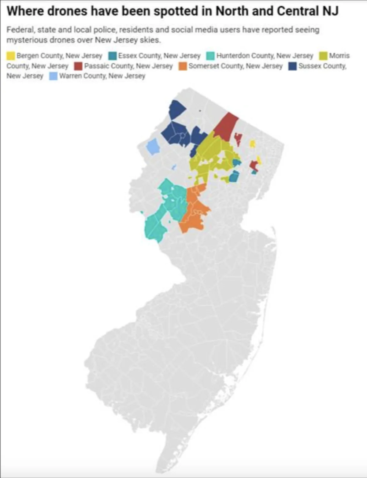 A map of New Jersey's North and Central regions shows various counties colored to indicate where drones have been reported…