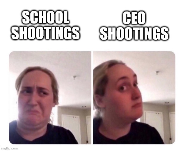The image displays a split-screen of a woman with two contrasting facial expressions. On the left, under the text 'SCHOOL…