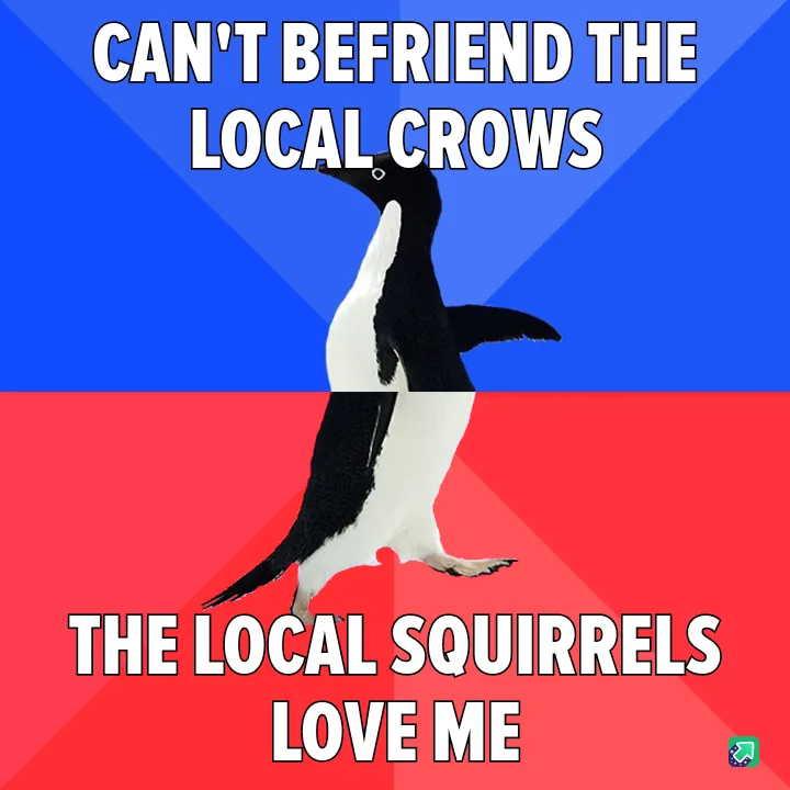 A penguin stands vertically split between a blue top half and red bottom half. White bold text at the top reads 'CAN'T…