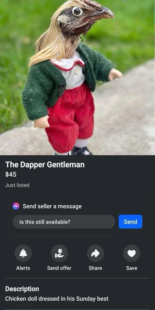A chicken-headed doll with blonde hair, wearing a green cardigan, white shirt, and red corduroy pants, is listed for $45 on…