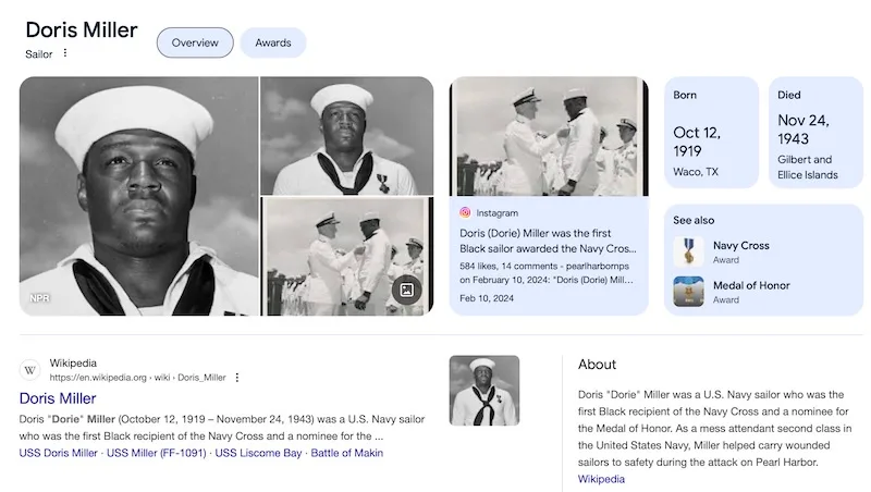 A Wikipedia-style biographical page for Doris Miller, featuring black-and-white photos of him in Navy uniform, including a…
