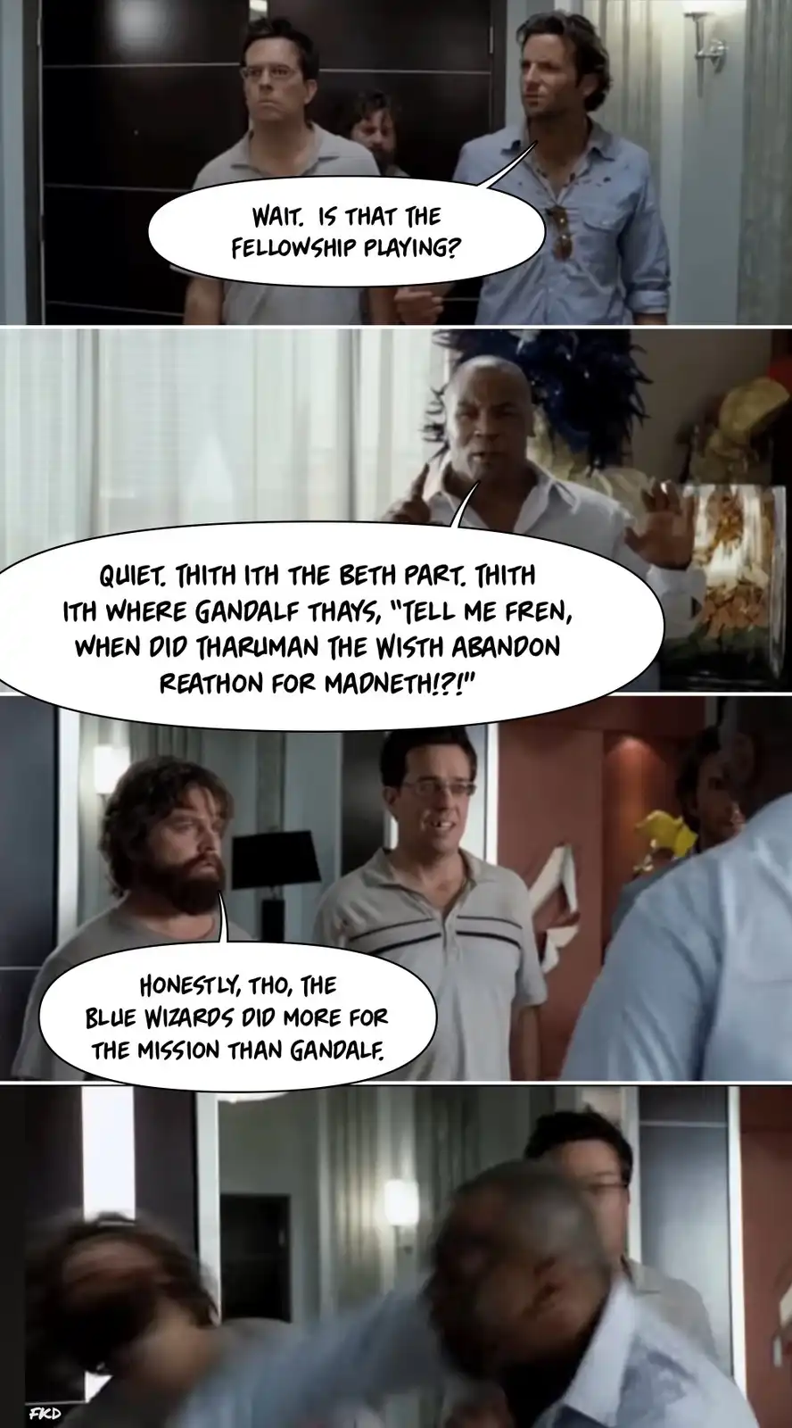 A four-panel meme featuring characters from the movie 'The Hangover' reacting to a fictional 'Lord of the Rings' scene. The…