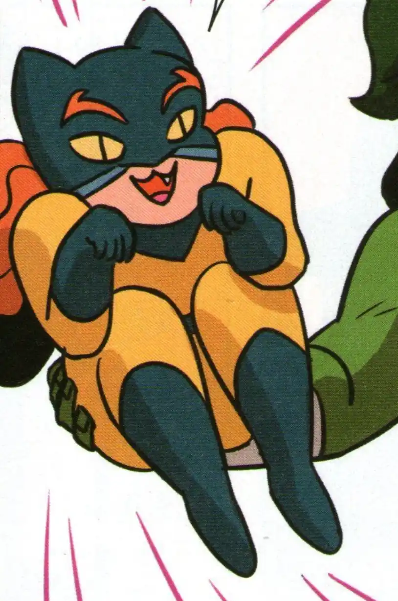 a cartoon catwoman in a black mask and yellow suit is sitting with a smug, self-satisfied grin, her hands clasped near her…