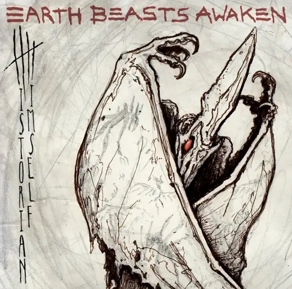 A sketch-style illustration of a monstrous, bat-like creature with large wings and a single glowing red eye, emerging from a…