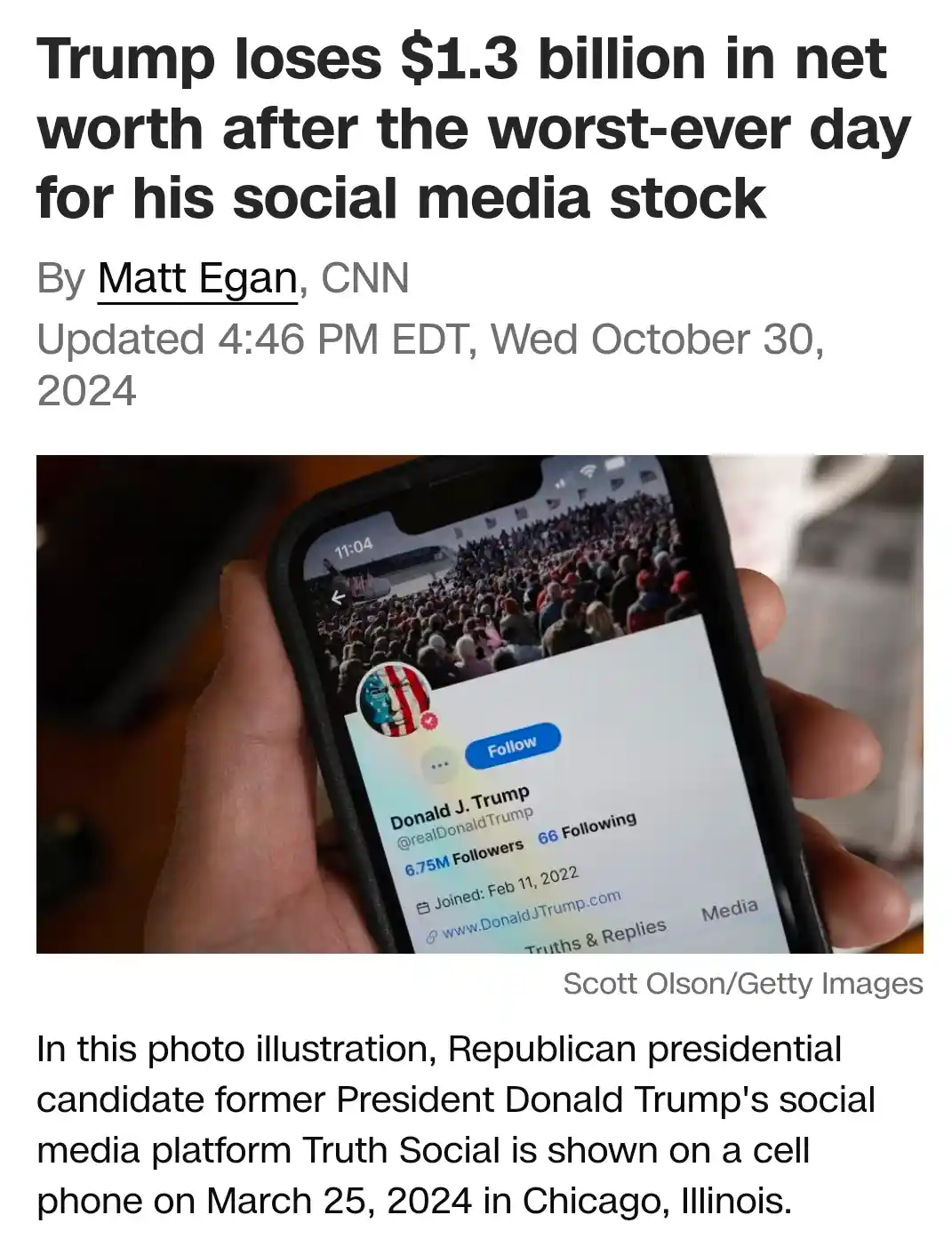 A screenshot of a CNN news article headline about Donald Trump losing $1.3 billion in net worth due to his social media…