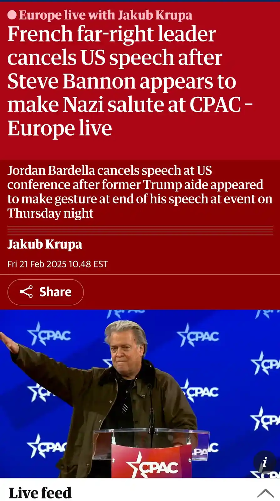 A screenshot of a news article from 'Europe live with Jakub Krupa' shows a headline about Jordan Bardella canceling a speech…