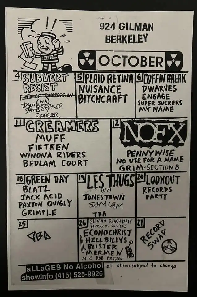Throwback to the 924 Gilman Street Calendar from October 1991