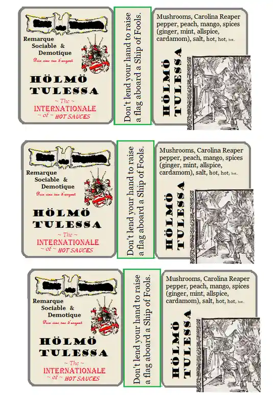Three identical panels show a vintage-style hot sauce label for 'HÖLMÖ TULESSA ~ The ~ INTERNATIONALE ~ of ~ HOT SAUCES'…