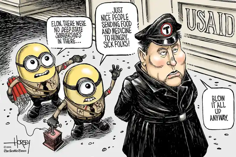 Two Minions in brown uniforms with 'T' insignias stand before a building labeled 'USAID', one holding a bundle of dynamite…