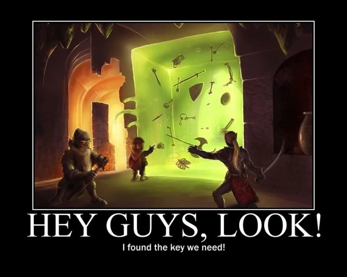 Three fantasy adventurers stand before a glowing green cube filled with floating weapons and armor pieces, with the central…