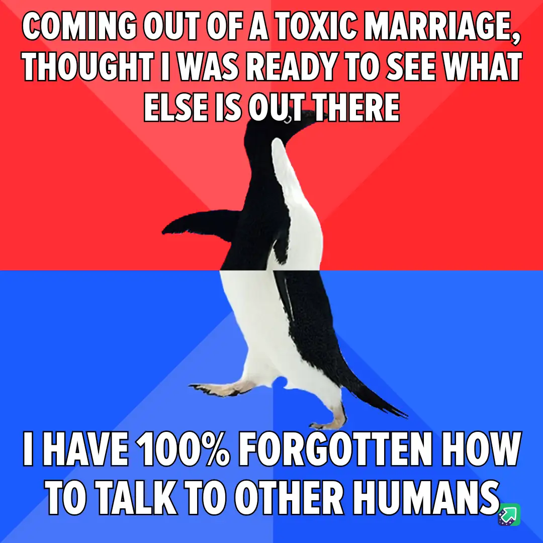 A penguin stands upright against a red and blue background, with bold white text overlaid in two sections. The top text…