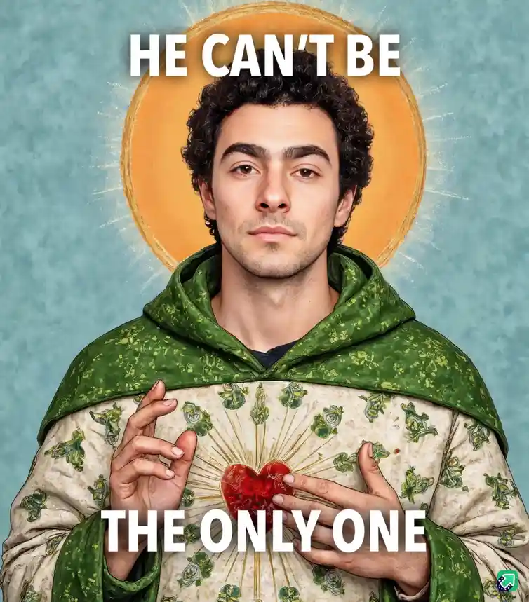 A man with curly dark hair and a neutral expression is depicted in a saintly portrait style, wearing a green hooded robe…
