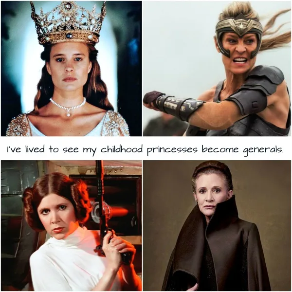 A four-panel image collage shows four women: a young woman in a jeweled crown and pearl necklace, a woman in a warrior…