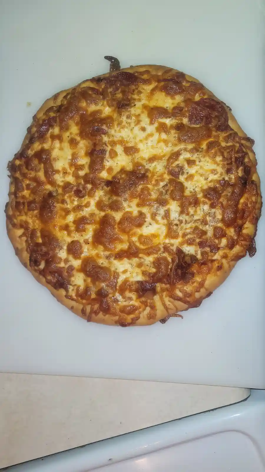A close-up photo shows a round, baked pepperoni pizza resting on a white surface, with a small, dark, worm-like tail…