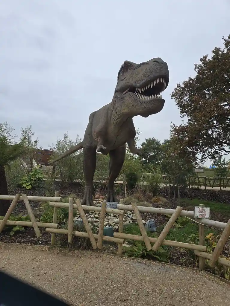 A large, realistic Tyrannosaurus rex statue stands behind a wooden fence in an outdoor park setting, its mouth open showing…