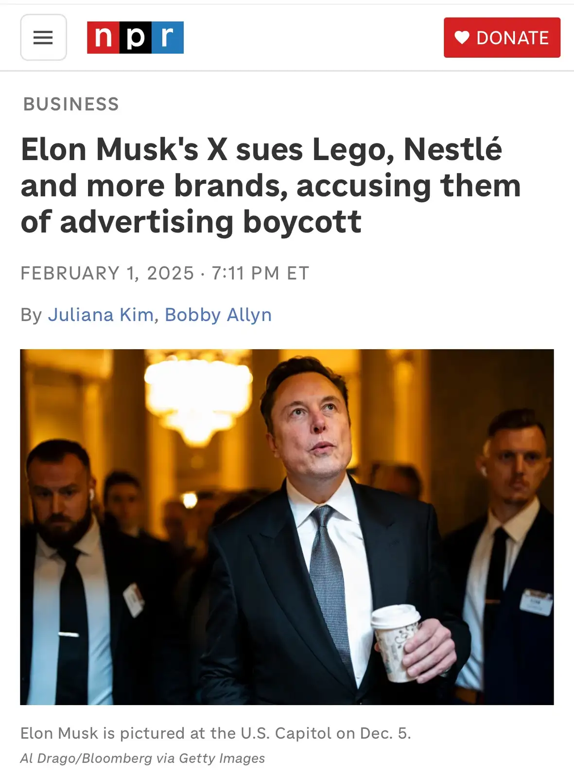 A screenshot of an NPR news article from February 1, 2025, featuring a photo of Elon Musk in a suit holding a coffee cup…