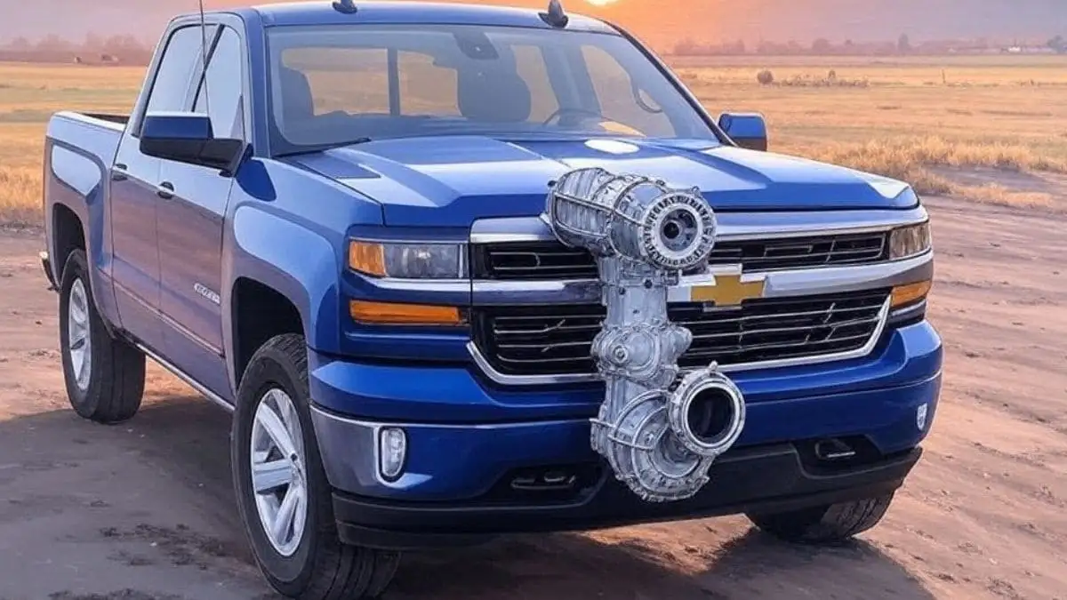 A blue Chevrolet pickup truck is parked on a dirt road in a field at sunset, with a large turbocharger assembly humorously…