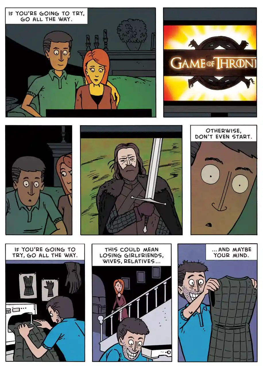 A comic strip shows a couple watching 'Game of Thrones' on TV, then the man becomes obsessed, buying armor, imagining losing…