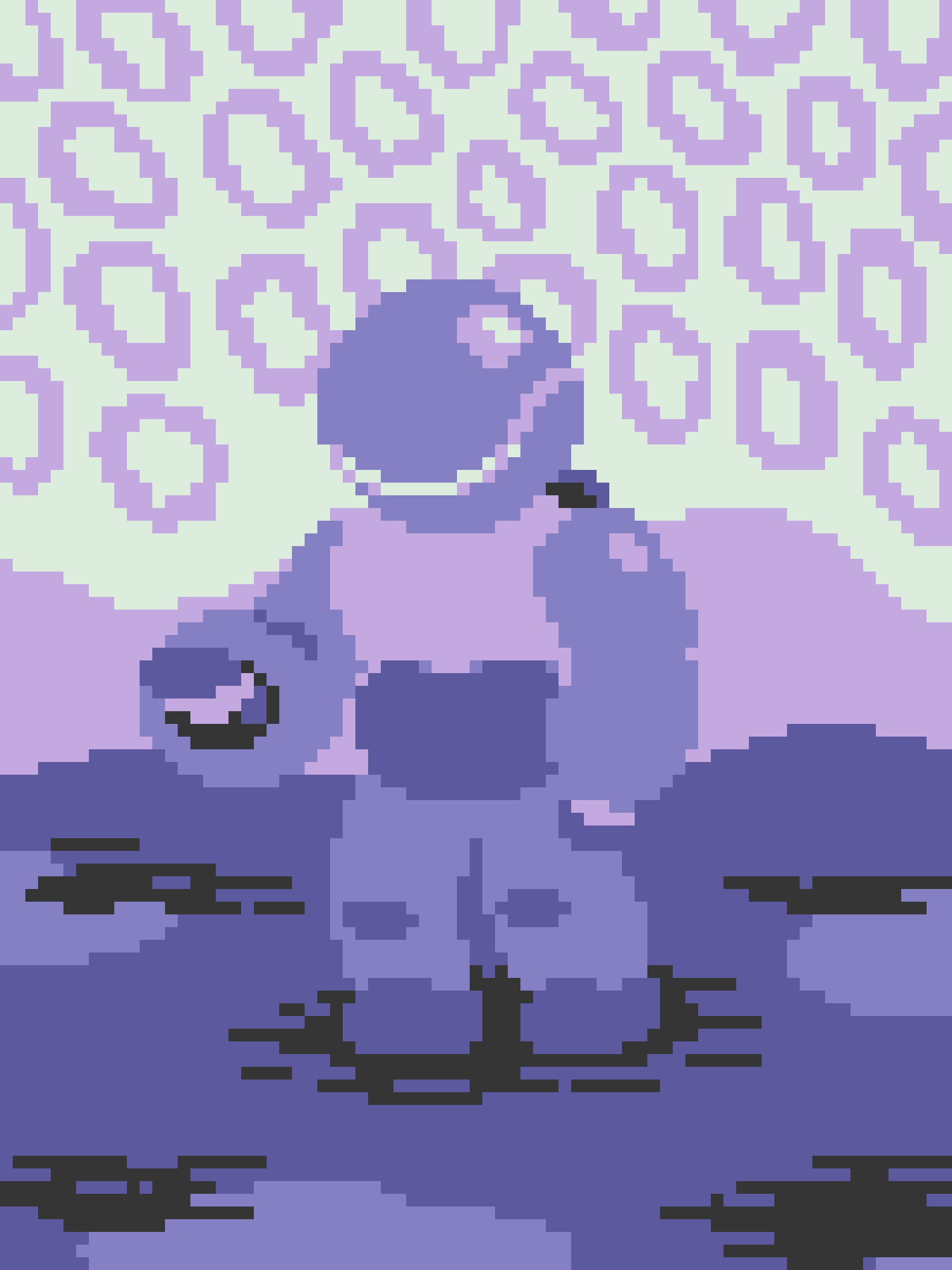 A low-resolution pixel art image shows a purple, cartoonish character with a large head and simple facial features, standing…