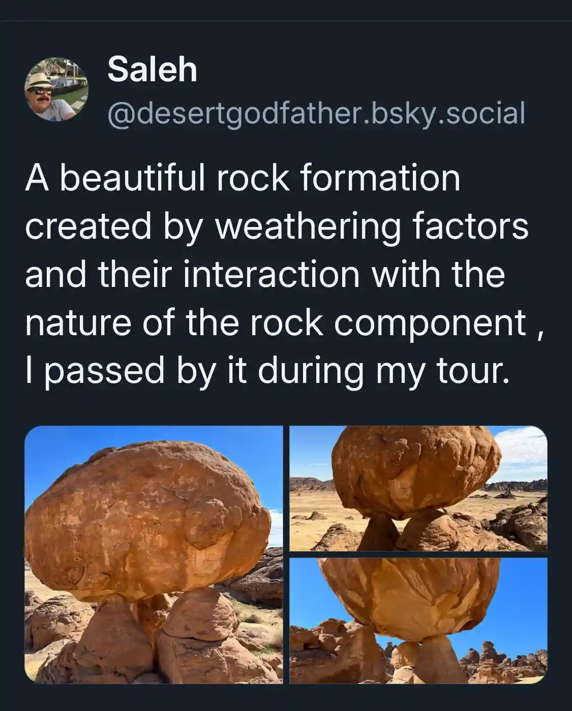 A social media post by Saleh showing three photos of a large, rounded boulder precariously balanced on three smaller rock…