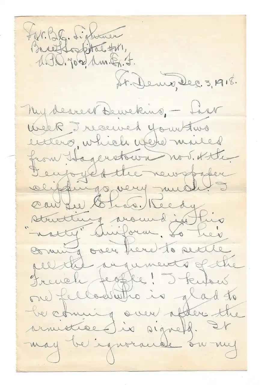 A scanned image of a handwritten letter dated December 3, 1918, from a soldier at Base Hospital #11, A.P.O. 704, Am. Ex. F…