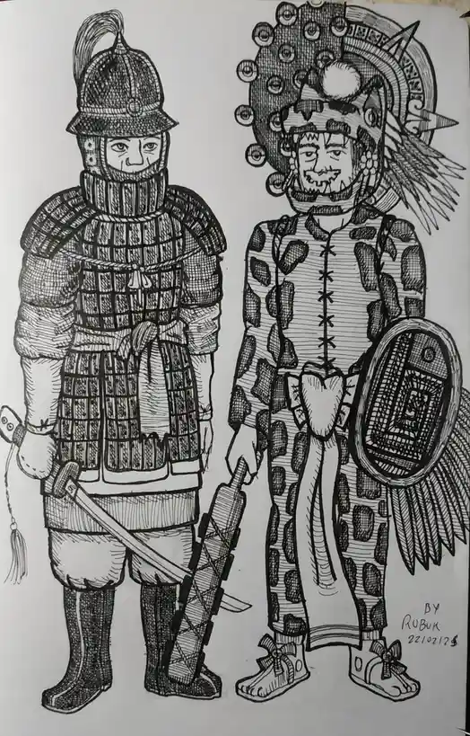 A black-and-white line drawing shows two stylized figures standing side by side. The figure on the left wears a helmet and…