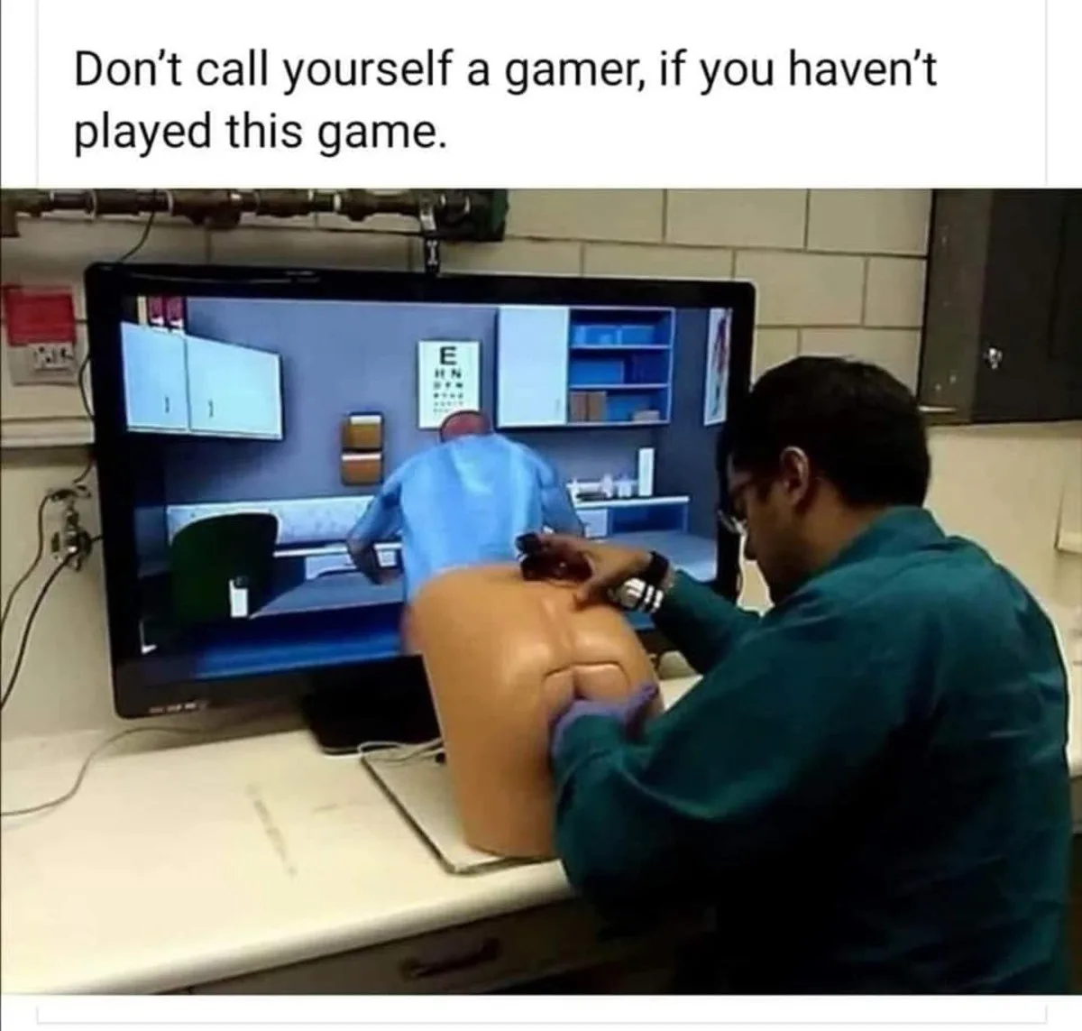 A person in a teal medical uniform is pressing a stethoscope against the back of a tan medical training mannequin. In front…