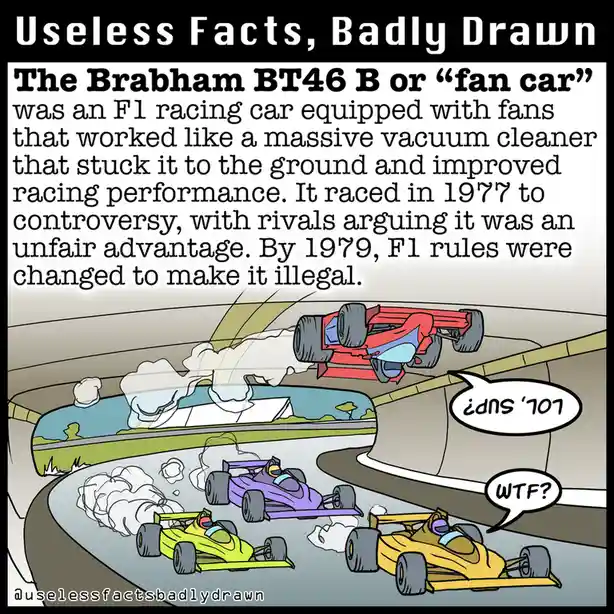 A cartoon depicts three colorful F1 cars on a racetrack, with one red car airborne and others reacting with speech bubbles…