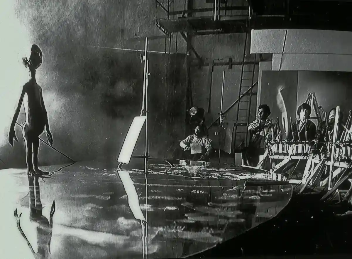 A black-and-white photo shows a tall, thin, alien-like figure standing on a reflective surface, facing a group of people in…