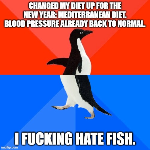An image of an Adélie penguin standing upright against a red and blue background, with white text overlaid in two sections…