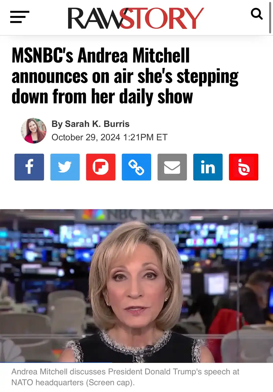 A screenshot of a RawStory news article dated October 29, 2024, featuring a photo of MSNBC anchor Andrea Mitchell in a news…