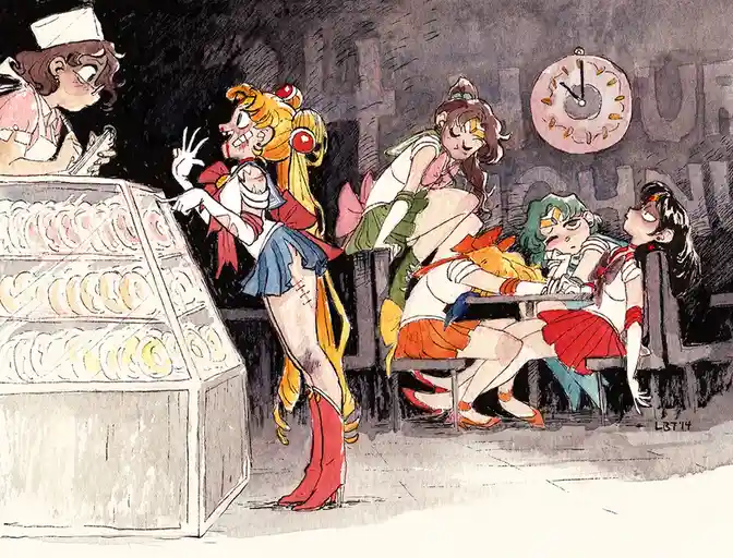 A watercolor-style illustration depicts Sailor Moon and her friends in a bakery. Sailor Moon stands at a display case…