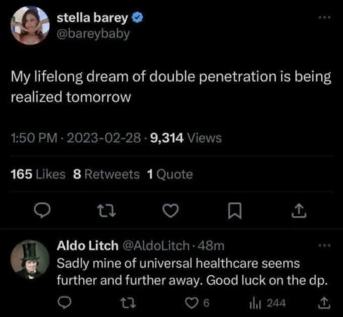 A screenshot of a Twitter thread shows Stella Barey's tweet stating her lifelong dream of double penetration is being…