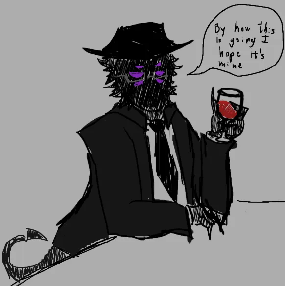 A crudely drawn cartoon figure in a black suit, fedora, and tie, with purple eyes and a tail, holds a glass of red liquid. A…