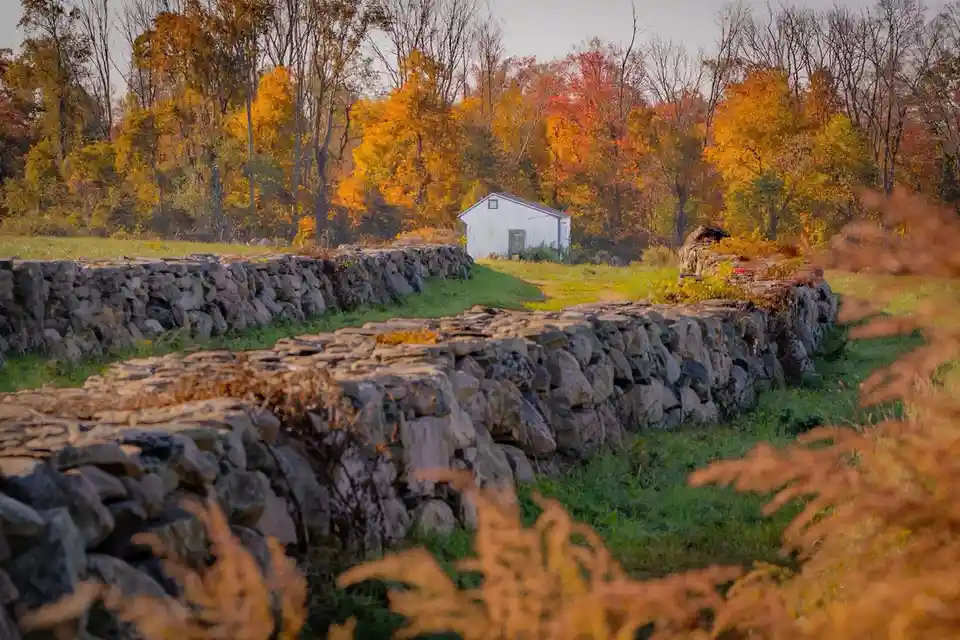 A scenic autumn landscape featuring stone walls in the foreground, a small white shed in the middle ground, and trees with…