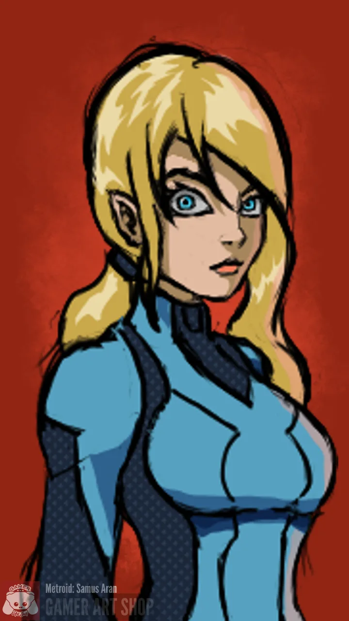 A stylized illustration of Samus Aran from Metroid, depicted with blonde hair and blue eyes, wearing her iconic blue and…