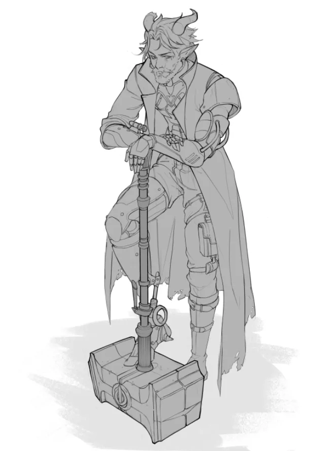 A grayscale line art sketch depicts a male character with horns and pointed ears, wearing a long coat and armor, leaning…