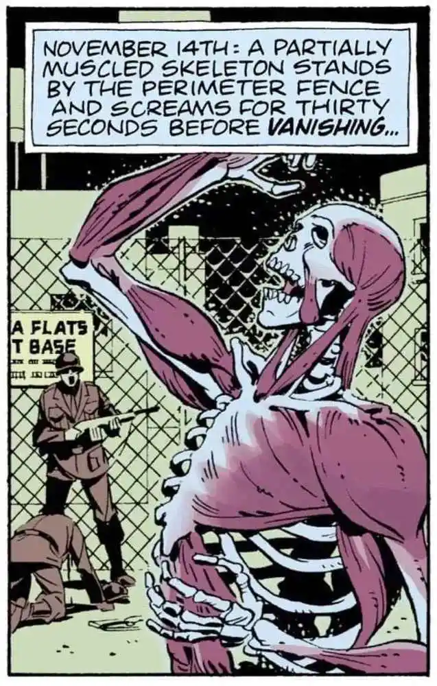A comic panel shows a partially muscled skeleton screaming near a fence, with a soldier in the background holding a rifle…