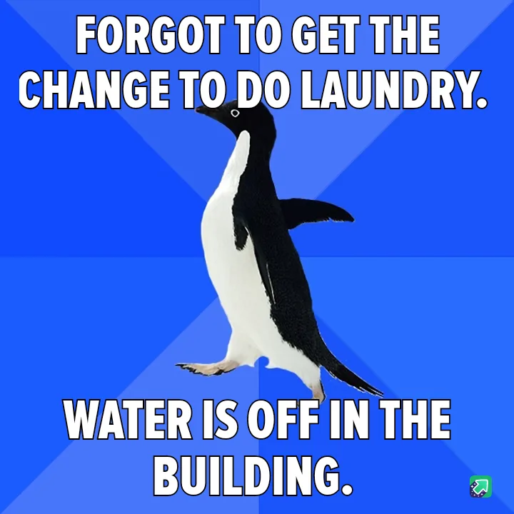 A black-and-white penguin stands against a blue background with diagonal stripes. The text at the top reads 'FORGOT TO GET…