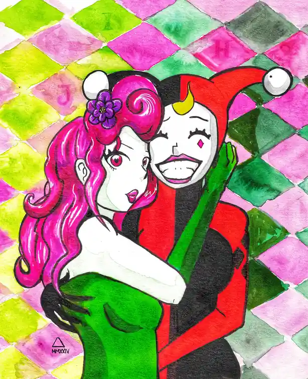 A watercolor-style illustration shows Harley Quinn in her iconic red and black jester outfit with a green glove, smiling…