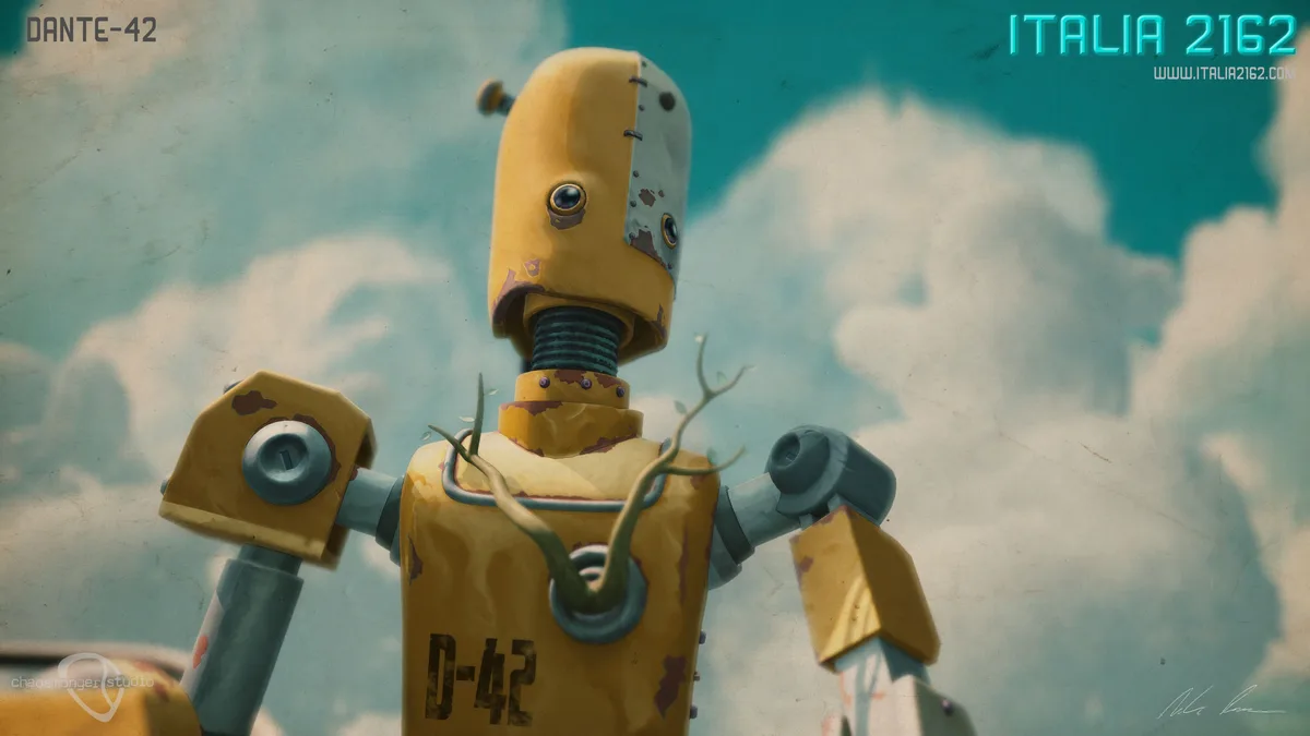 A weathered, yellow robot named Dante-42 stands against a cloudy sky, with vines growing from its chest. The image includes…