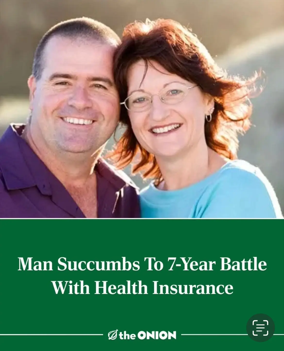 A smiling middle-aged man and woman pose closely together outdoors. A green banner at the bottom displays the text 'Man…