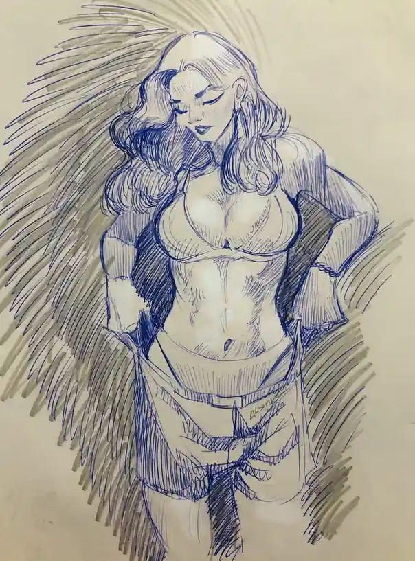 A blue ink sketch of a muscular woman with large, feathery wings, wearing a bra and shorts, looking down with a confident…